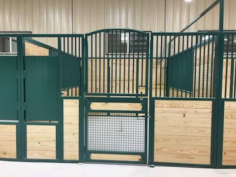 Stall Front No. 3M - Custom double hinged arched door stall front with arched top door and wire mesh bottom door and swing out feeder