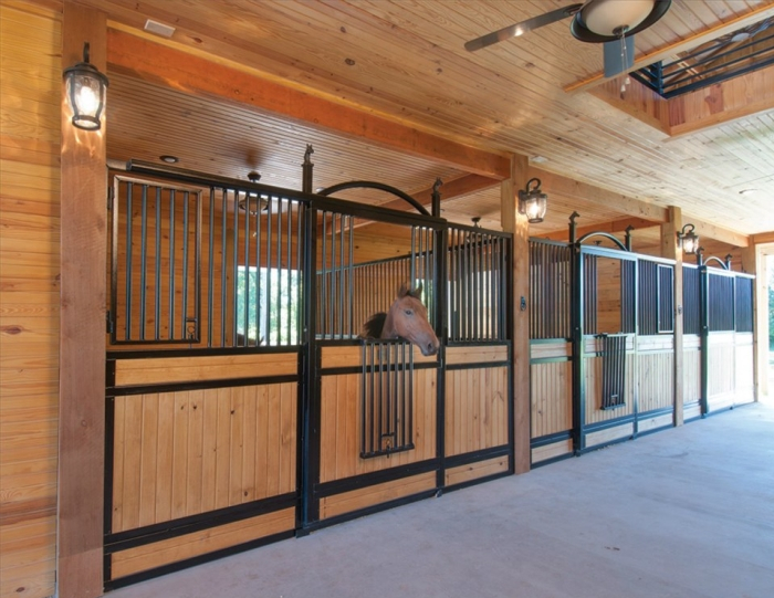 27T – Standard Traditional Stall Front with Standard Feed Door, Standard Drop Door, Overhead Arch with Custom Horse-Head Finials, and JR Elite Wood Load