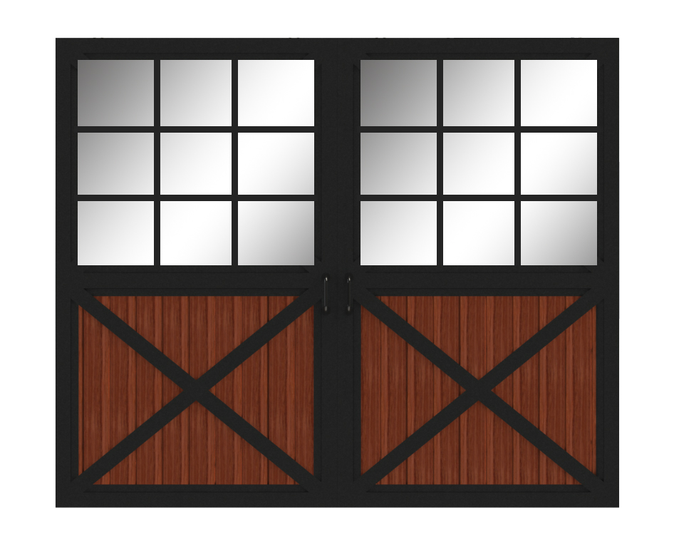 A sample of vertical wood barn doors with windows